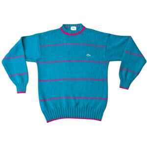 Lacoste Vintage 80s Men's Teal & Pink Stripe Crew Neck Knit Cotton Sweater Large